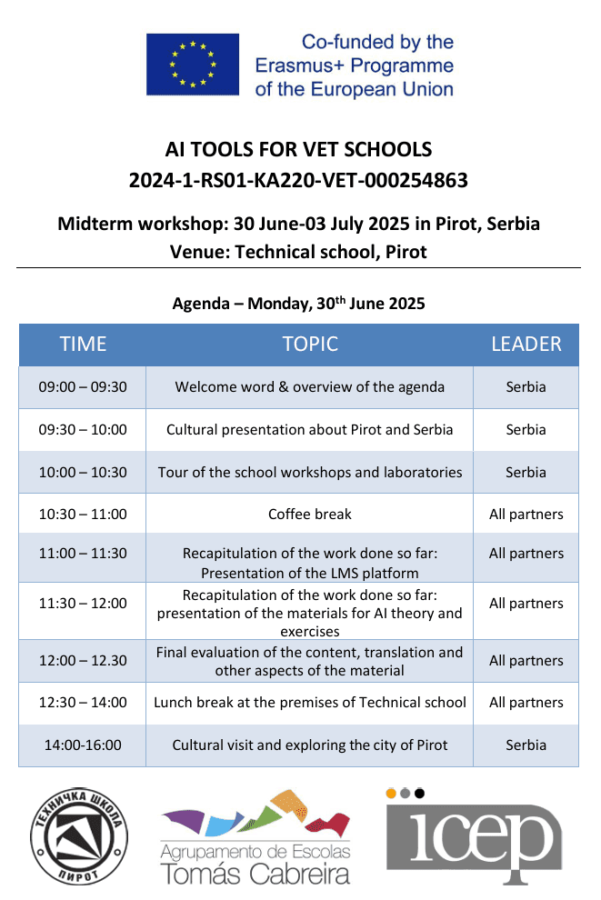 Erasmus+ "AI TOOLS FOR VET SCHOOL" - Midterm workshop: 30 June-03 July 2025 in Pirot, Serbia