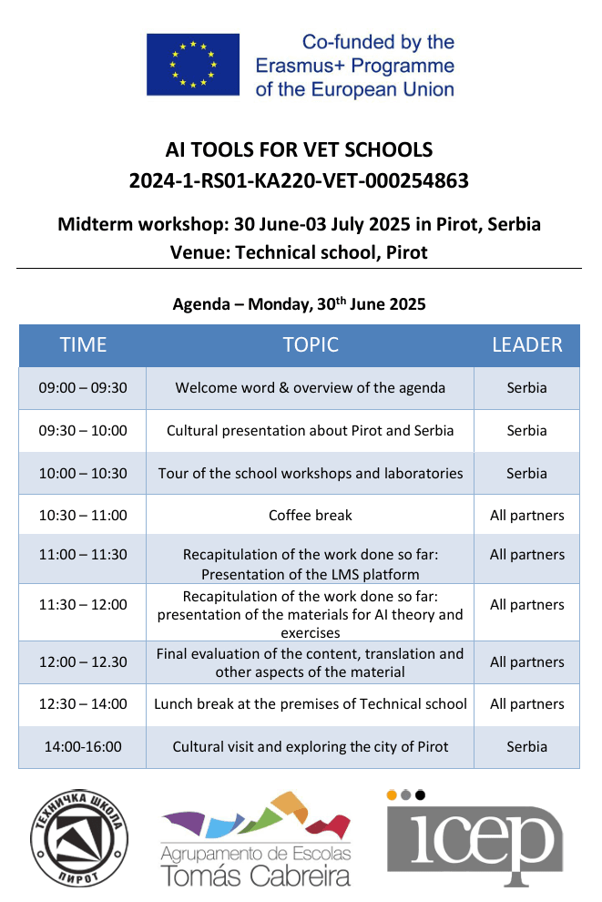 Erasmus+ "AI TOOLS FOR VET SCHOOL" - Midterm workshop: 30 June-03 July 2025 in Pirot, Serbia